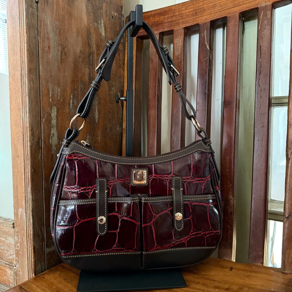 Y2K Dooney & Bourke Safari Hobo Croc Embossed Leather Burgundy Shoulder Bag XL